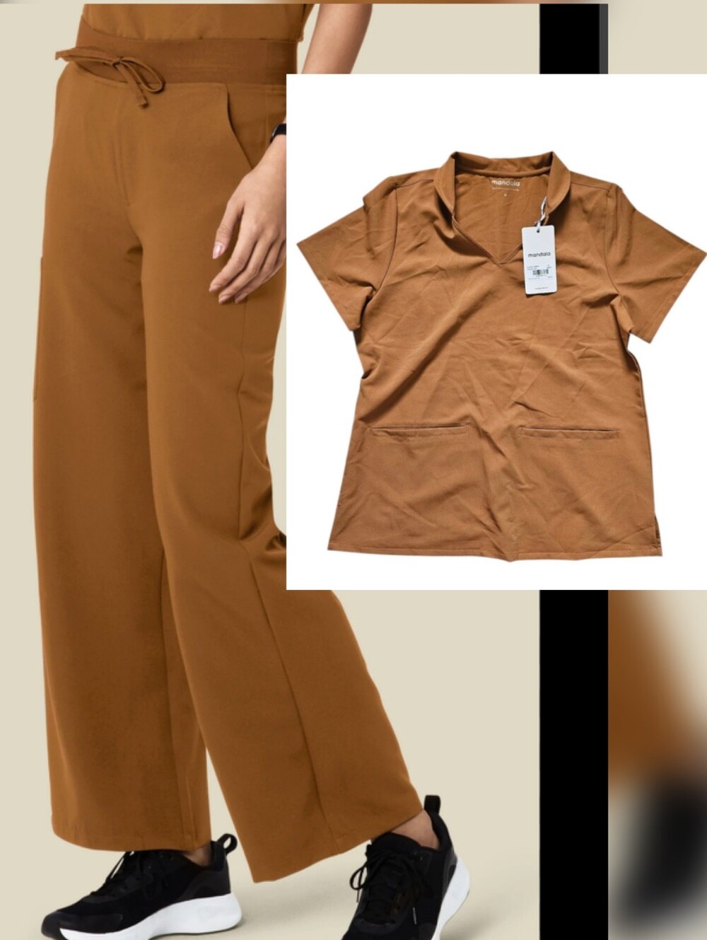 Mandala Scrub Set Camel Brown Multi Wear Collar Top High Waisted Wide Leg Pants